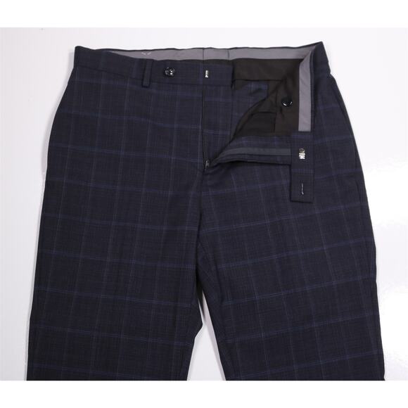 Calvin Klein Gray Blue Windowpane Plaid Flat Front Wool Dress Pants 32 New! - Picture 5 of 6
